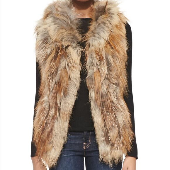 Adrienne Landau Real Fox Fur Vest Red Light Brown Tan Sleeveless Hood Hooded - Picture 7 of 7